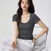 Camiseta de Manga Corta con Cuello en U y Rayas Blancas y Negras, Sensación Fresca de Tencel Lyocell, para Mujer, Verano 2026, Nuevo Top Adelgazante Favorecedor