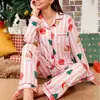 Pijama feminino transfronteiriço bestseller de Natal, estilo europeu e americano, conjunto de roupa de casa moderno para o Ano Novo, listrado, com gola de lapela, manga longa e calça longa