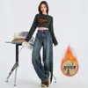 Jeans Feminino com Estampa de Fogos de Artifício Estilo Americano, Dois Tons, Perna Larga, Solto, Cintura Alta Emagrecedor, Design Resistente com Lavagem, Peça Popular de Outono