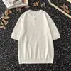 Suéter de Punto para Hombre Línea Gruesa Retro Americano Manga Corta Cuello Henry Clásico Top Casual de Moda Manga Corta