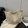 Bolsa de Ombro de Corda de Tecido de Nylon Xadrez Simples e Moderna de Verão de Grande Capacidade Estilo Coreano para Mulheres