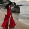 Vestido Halter Rojo de Cuello en V con Lazos Estilo Francés para Mujer, Perfecto para Vacaciones en la Costa, Impresionante Diseño Espalda Descubierta, Sexy Abertura, Vestido Largo Adelgazante