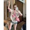 Camiseta Rosa de Dibujos Animados de Manga Corta para Mujer 2025 Nuevo Verano Color de Contraste Casual Versátil Top de Manga Media de Gama Alta