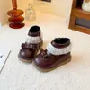 Botas de invierno tipo Martin para niña con forro de felpa, zapatos de piel con cordones y lazo para niña pequeña, cálidas botas de algodón de princesa, botines elegantes