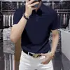 Camisa tipo polo de manga corta para hombre, color liso, de alta gama, sin planchado, fina de seda helada elástica, transpirable, casual, con cuello.
