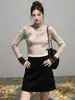 Top de Punto Base de Cuello Alto con Bloques de Color en los Puños para Mujer, Otoño/Invierno Ajustado Elástico de Manga Larga, Suéter de Capa Interior con Sensación de Alta Gama