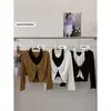 Ruoxin 26 Novedad Principios de Otoño Cuello en V Nudo Halter Falso Dos Piezas Adelgazante Manga Larga Top Blusa