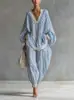 Conjunto Solto Azul e Branco Listrado com Renda para Mulheres 2026 Nova Moda Europeia e Americana Casual Manga Longa Calça de Perna Larga Conjunto de Duas Peças