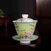 Conjunto de Tigelas Esmaltadas de Três Peças Estilo Palácio com Tampa, Conjunto de Chá Kung Fu Cerâmico Vintage, Xícara de Tigela de Chá Esculpida em Filigrana, Jingdezhen