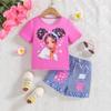 Comércio Exterior INS Bebê Feminino Verão Desenho Animado Cabeça Jeans Estampado Manga Curta Top Conjunto de Duas Peças Moda