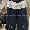 Jeans Dulces Pequeños 2025 Niñas Otoño e Invierno Estilo Coreano Cintura de Encaje Lazo Bordado Jeans Forrados de Felpa Estilo de Moda