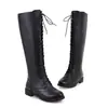 Botas Femininas de Inverno Novas 2025, Modernas e Simples, Bico Redondo, Cadarço Frontal, Salto Quadrado, Salto Baixo, Botas de Cano Alto, Botas, Botas