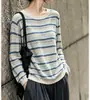 Camiseta de manga larga a rayas para mujer, nuevo estilo 2026, top de punto fino hueco de alta gama, camiseta básica de otoño, top elegante