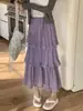 Saia midi com barra de renda estilo preguiçoso para mulheres, saia fofa em camadas de cintura alta em A, saia midi estilo doce casual e suave