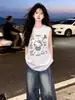 2026 Verão Camiseta Regata Casal Estampa de Gato com Letras para Mulheres, Top Esportivo Sem Mangas Divertido Estilo Trendy Ins Algodão Puro