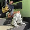 Botas elegantes de bico fino com salto bloco para mulheres, botas longas brancas com pregas para panturrilha larga, botas de montaria versáteis para outono e inverno com salto grosso afunilador