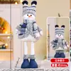 Boneco de neve telescópico azul de Natal, Decoração de boneco de neve de pernas compridas em tecido de malha xadrez azul de Natal, Ornamento de mesa