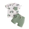 Conjunto de dos piezas para bebé niño, camiseta de manga corta con estampado de dibujos animados de coches y cuello redondo, novedad de verano de 2025