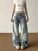 Jeans Rectos Azules Retro de Doble Botón para Mujer Petite Estilo Otoño Cintura Alta Holgados con Caída Adelgazantes de Pierna Ancha Pantalones Largos hasta el Suelo