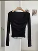 Camiseta feminina KEKEZOON estilo delicado, retalhos em malha, gola quadrada, plissada, manga longa, top outonal slim fit 9105