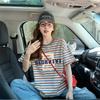 Camiseta de Algodão Puro com Listras Color-Block Estilo Americano e Renda na Barra para Mulheres, Top Solto de Moda Europeia Oversized que Cobre a Barriga