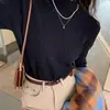 Blusa de base feminina para outono e inverno 2024, novo suéter de tricô com gola semimédia e babados, blusa de manga longa com gola média