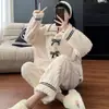 Pijama de Fleece Coral para Mulheres, Outono/Inverno Espessado Fofo de Flanela Roupa de Casa, Pode Ser Usado Fora, Conjunto de Cardigan com Mangas Longas e Robe