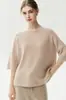 Tejido de Cachemir, Manga de Tres Cuartos, Talla Grande, Camiseta Holgada para Mujer, Cuello Redondo, Delantera Corta y Trasera Larga, Nuevo Estilo Otoño, Cubre el Cuerpo