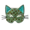 Broche de máscara facial de gato vintage con incrustaciones densas de diamantes de colores, bigote tridimensional, pin de solapa retro de níquel negro envejecido