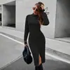 Vestido de punto de cuello medio de comercio exterior, Vestido suéter largo para mujer de otoño e invierno, Ajuste ceñido, Base de punto adelgazante, Vestido de línea A
