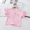 Camiseta de Verano de Manga Corta para Niña, Top Liso de Color con Encaje y Mangas de Campana con Forma de Corazón, a la Moda y Tendencia Estilo Coreano para Bebé