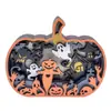 Abóbora Artificial de Madeira de Halloween em Camadas com Decorações de Casa Assombrada, Fantasma e Espantalho Enfeites de Mesa