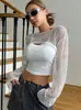 Top de Malla Cruzado Europeo y Americano Color Sólido con Cortes Primavera y Otoño Casual de Manga Larga Ultra Corto Camiseta Casual Ropa para Mujer