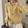 Cardigã de Tricô com Gola Amarela Feminino Outono Inverno Novo Casaco Suéter Solto Estilo Coreano Versátil Redutor de Idade Top de Manga Longa