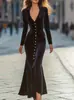 Site de Moda Independente Europeu e Americano 2026 Outono e Inverno Vestido Base Decote V Slim Fit Vestido Longo Cauda de Peixe Cor Sólida Manga Longa Elástico