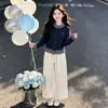 Conjunto de cardigã xadrez com blocos de cor estilo retrô para meninas e calça casual de perna larga estilo coreano para primavera e outono 2026 para crianças mais velhas