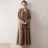 Nuevo Traje de Mujer de Cachemira Pura para Otoño e Invierno, Suéter de Manga Larga, Cárdigan, Falda de Tirantes con Cuello en U, Conjunto de Tres Piezas, Elegante