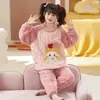 Pijama infantil de flanela e fleece coral para alunos do ensino fundamental, conjunto de fleece outono e inverno para meninas, design de desenho animado para meninas e crianças mais velhas