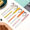 Juego de cubiertos de acero inoxidable 304 estilo coreano Ins con mango de tres puntas, cucharas y palillos de acero inoxidable para el hogar de mango largo