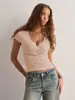 2025 Estilo Europeo y Americano Transfronterizo Nuevo Cuello en V Profundo Color Sólido Cintura Adelgazante Aspecto Delgado Elegante Moda Camiseta Primavera y Verano Tops