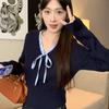 Suéter con Cordones y Lazo de Encaje Estilo Coreano Dulce Picante para Mujer, Manga Larga, Cuello en V, Moda Otoño e Invierno Nueva, Top Único que Reduce la Edad