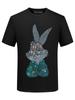 Camiseta de Verano para Hombre de Manga Corta con Diseño de Conejo de Pedrería, Nuevo Estilo 2026, Cuello Redondo, Algodón Merceizado, Marca de Moda, Talla Grande, Manga Media, Corte Entallado