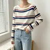 Camiseta de manga larga a rayas con bloques de color, cuello inclinado, hombros descubiertos, tiro corto, estilo chica hot americana, nueva 2026, mujer 26379