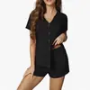 2025 Amazon Nuevo Transfronterizo Verano Manga Corta Pantalones Cortos Conjunto de Dos Piezas Pijama Sexy para Mujer Hebilla Holgado Ropa de Casa