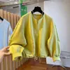 Moletom feminino amarelo plus size, novo estilo outono, cardigã top casual soltinho com zíper