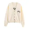 Exportación Transfronteriza Ropa de Mujer 2025 Otoño Estilo Europeo y Americano Cuello en V Manga Larga Tejido de Punto Jacquard Color Sólido Chaqueta para Mujer E74986