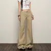 Jeans de Mujer Estilo Americano 2025 Nuevos de Moda Caqui Tiro Bajo Retro Largo Hasta el Suelo Holgados Acampanados