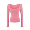 T-shirt Sexy Quente para Mulher com Decote U, Bolso, Manga Longa, Estilo Puro Desejo, Corte Justo na Cintura, Afinando, Cor Sólida, Camada Base Elástica