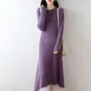 Vestido de malha 100% lã feminina, novo estilo outono e inverno, gola redonda, acima do joelho, comprimento médio, modelagem justa, com mangas de renda