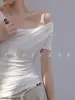 Camiseta de Manga Corta con Cuello Drapeado de Lana Tencel Estilo Francés Perezoso Chic para Mujer con Diseño Irregular Cortado al Sesgo Tridimensional para Verano